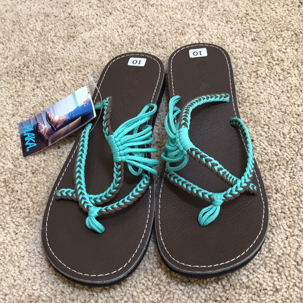 New! Plaka turquoise SZ 10 hand woven beach sandals .